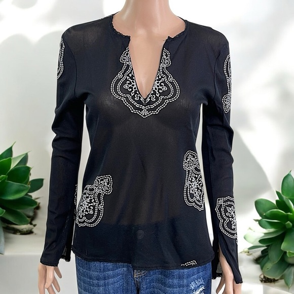Kenneth Cole Black Mandala Print Long Sleeve Mesh Tunic - Picture 3 of 16